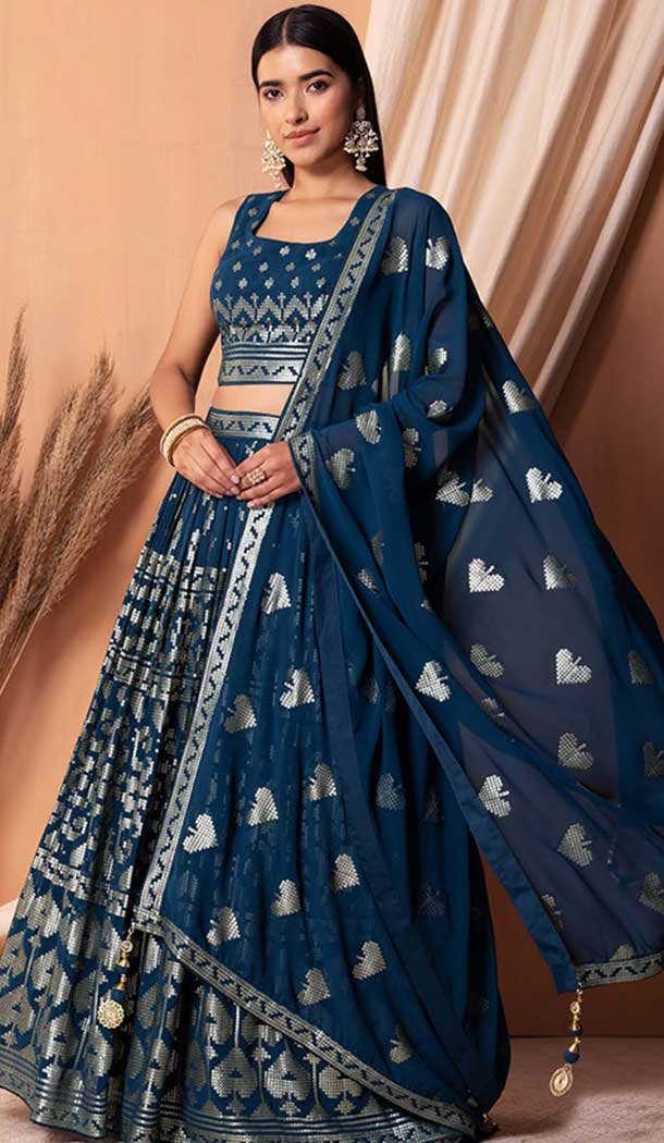 Navy Blue Georgette Sequins Work Party Wear Lehenga Choli - 11355200417