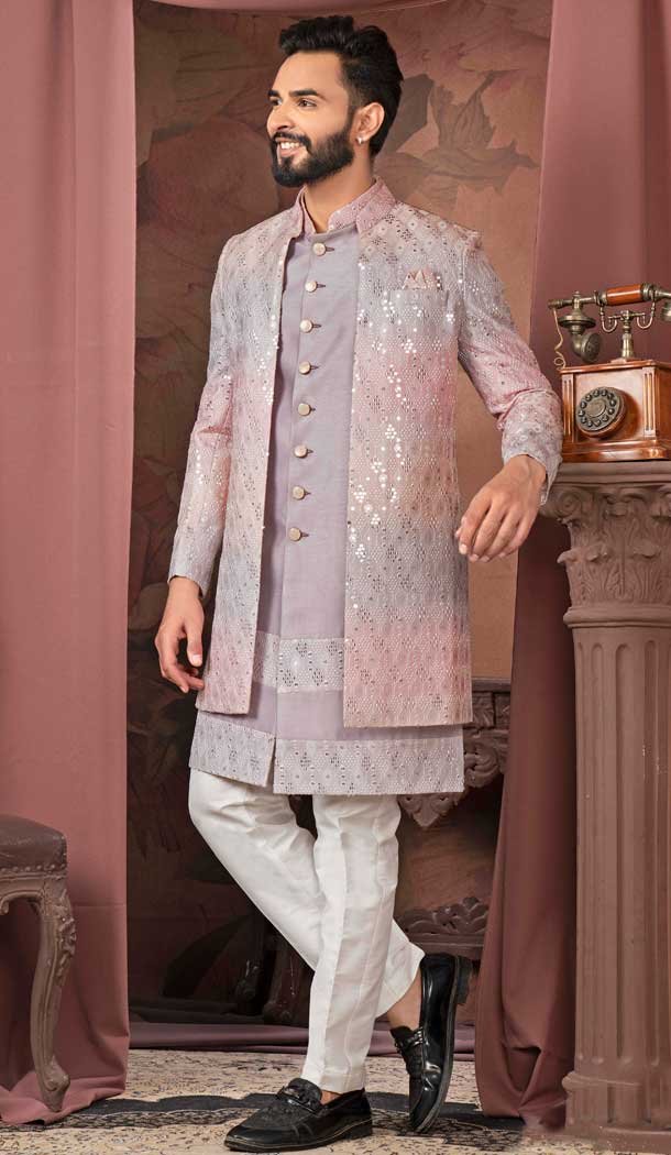 Multi Color Silk Resham Work Readymade Men Wedding Wear Sherwani - 11470201153