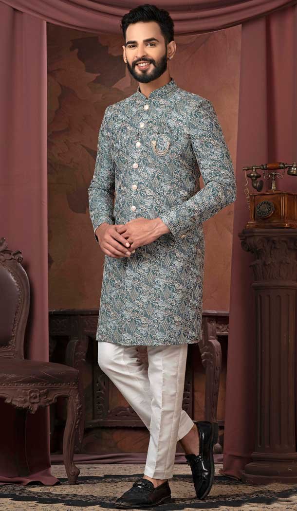 Greyish Multi Color Silk Resham Work Readymade Men Wedding Wear Sherwani - 11470201160