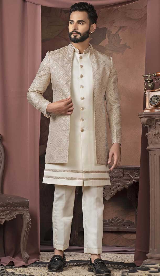 Beige Jacquard Sequins Work Readymade Men Wedding Wear Sherwani - 11470201168