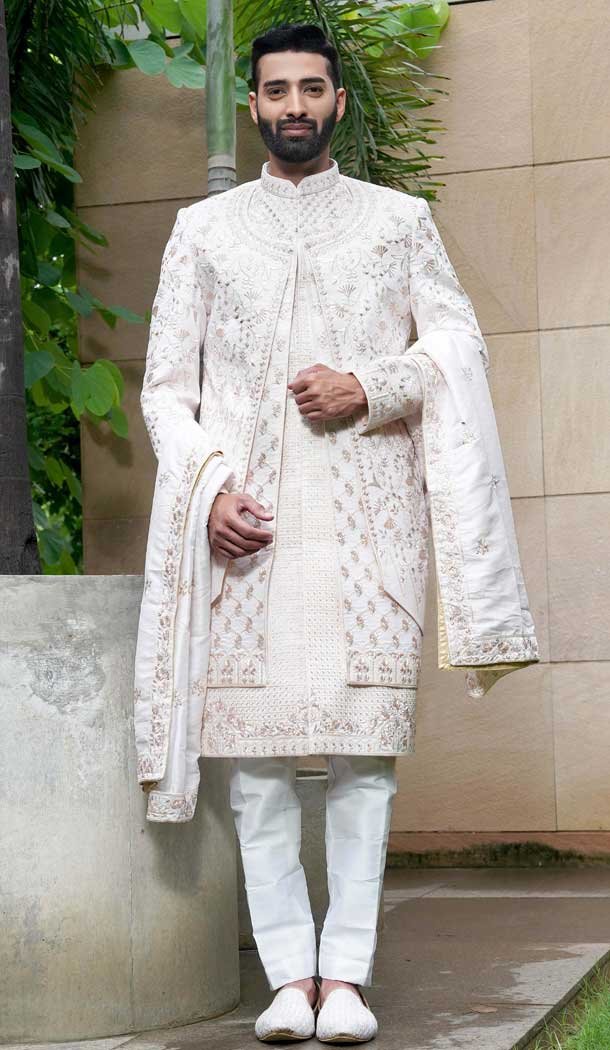 Light Pink Silk Resham Work Wedding Wear Men Sherwani - 11471201194
