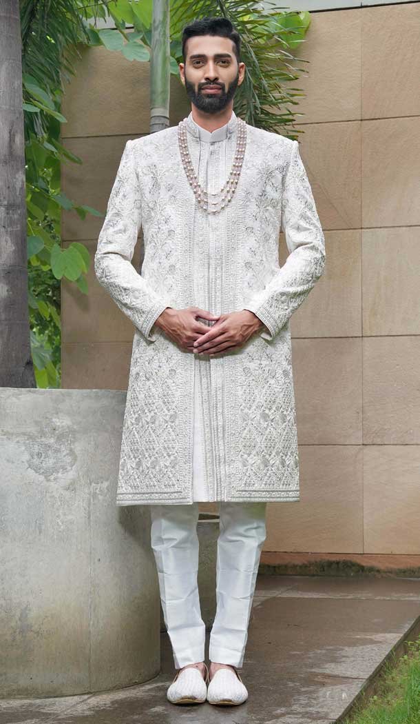 Light Pink Silk Sequins Work Wedding Wear Men Sherwani - 11471201195