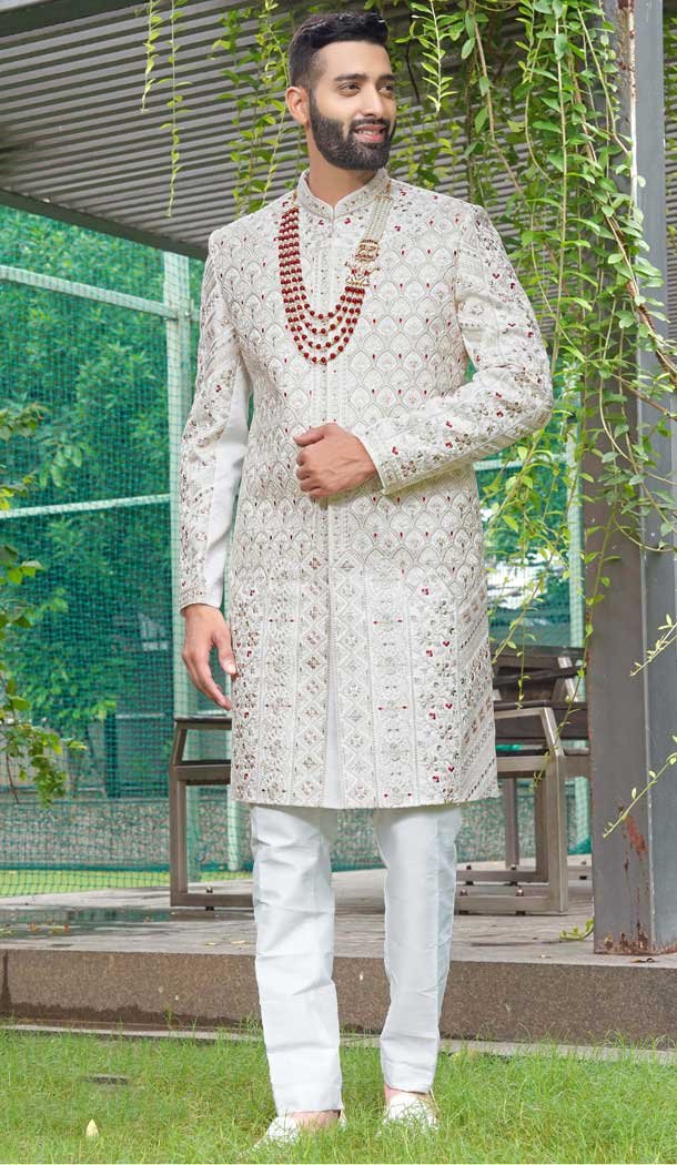 Off White Sequins Work Silk Wedding Wear Men Sherwani - 11471201202