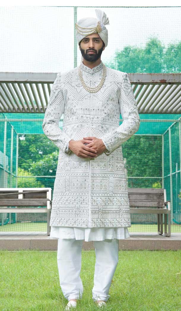 Attractive White Silk Embroidered Wedding Wear Men Sherwani - 11471201216
