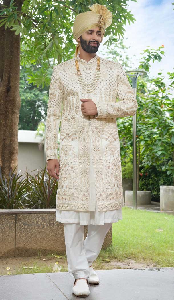 Cream Embroidery Work Silk Wedding Wear Men Sherwani - 11471201219