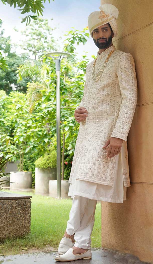 Gorgeous Cream Silk Embroidery Work Wedding Wear Men Sherwani - 11471201223