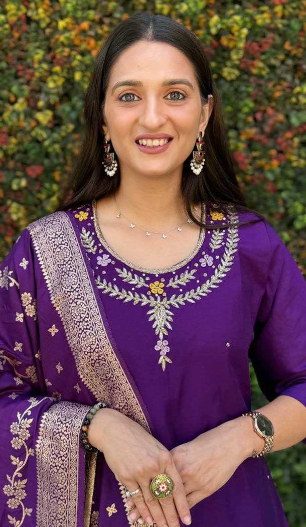 Roman Silk HandWork Party Wear Readymade Salwar Suit In Purple - 11489201298 