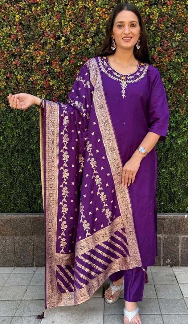 Roman Silk HandWork Party Wear Readymade Salwar Suit In Purple - 11489201298 