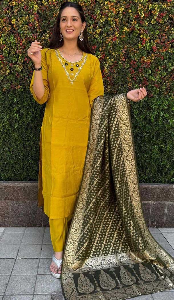 Roman Silk HandWork Party Wear Readymade Salwar Suit In Mustard - 11489201300