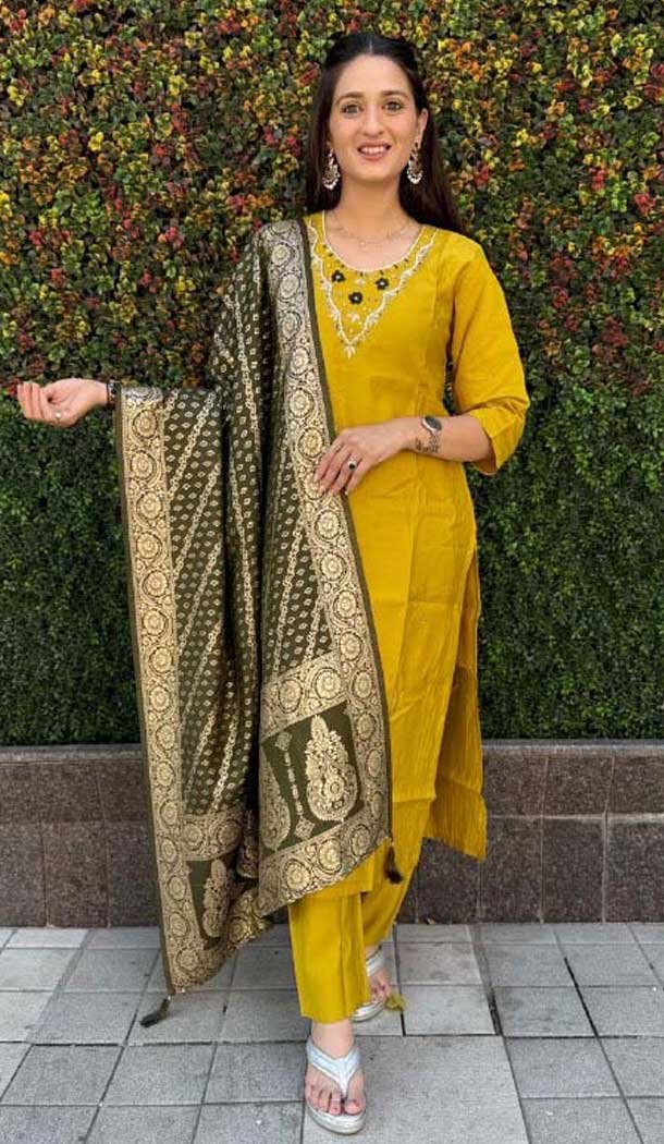 Roman Silk HandWork Party Wear Readymade Salwar Suit In Mustard - 11489201300