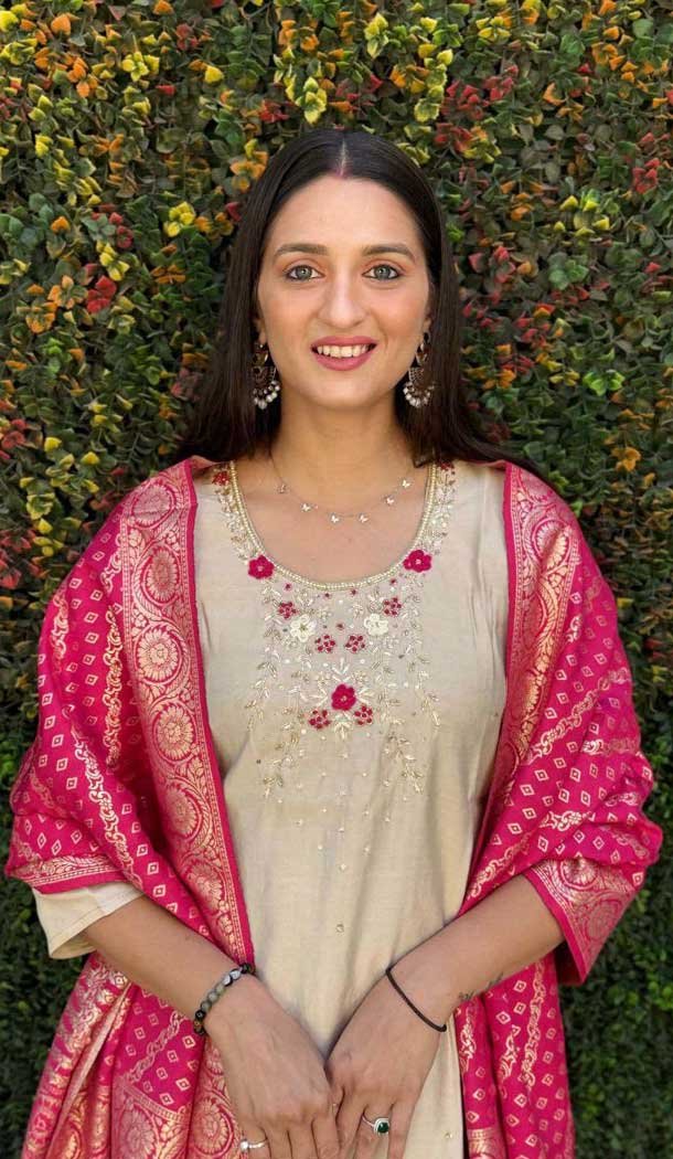 Roman Silk HandWork Party Wear Readymade Salwar Suit In Beige - 11489201301