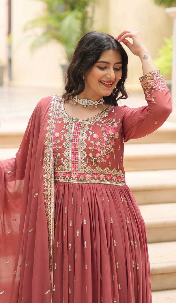 Coffee Faux Georgette Sequins Embroidered Anarkali Salwar Suit - 11491201307