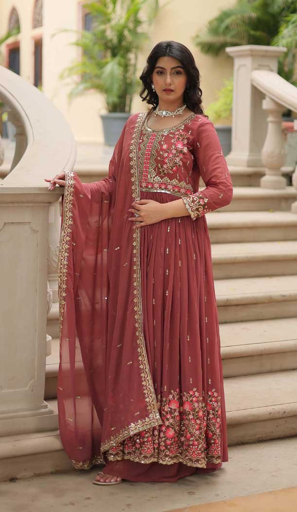 Coffee Faux Georgette Sequins Embroidered Anarkali Salwar Suit - 11491201307