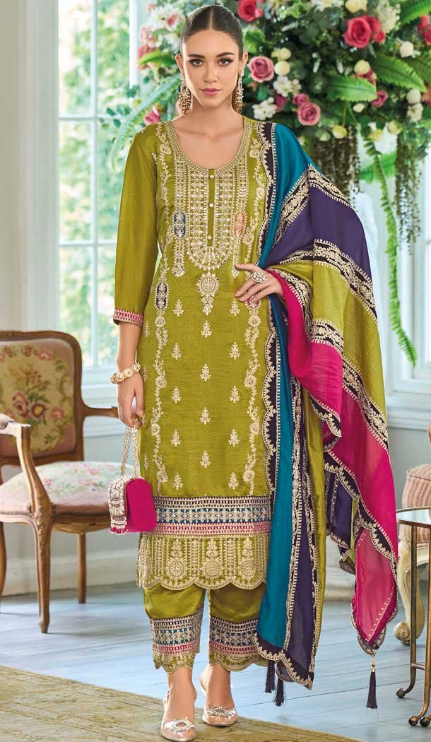 Mehendi Green Chinon Silk Embroidered Party Wear Palazzo Salwar Suit - 11388200588