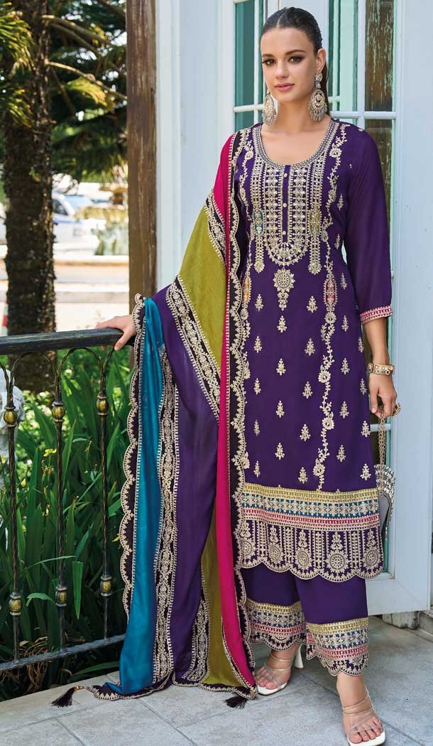 Purple Chinon Silk Embroidered Party Wear Palazzo Salwar Suit - 11388200589