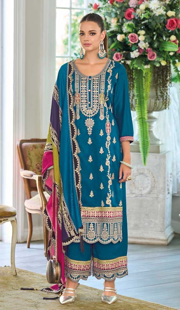 Teal Blue Chinon Silk Embroidered Party Wear Palazzo Salwar Suit - 11388200591