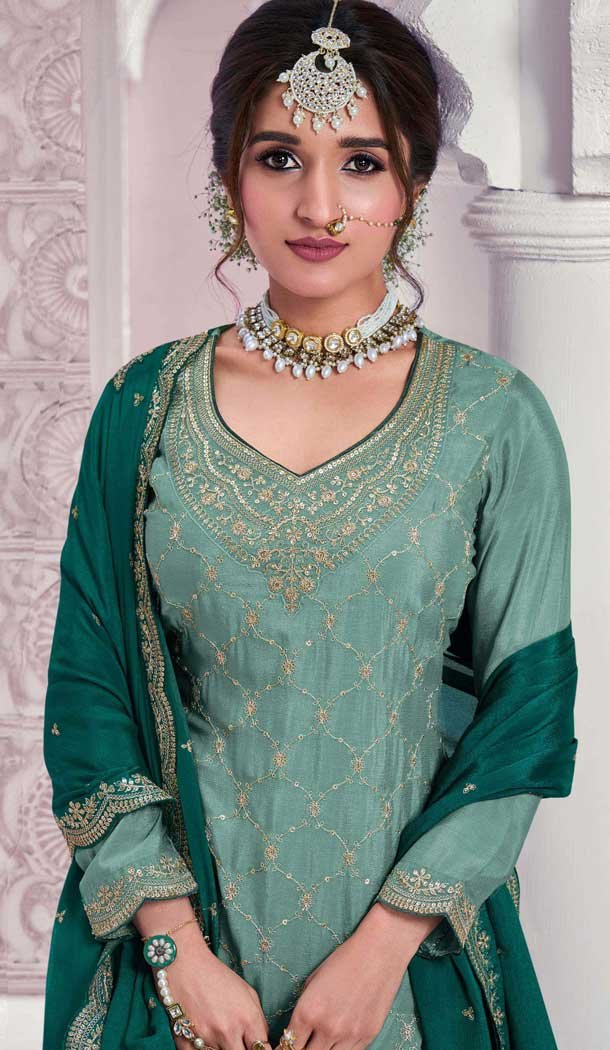 Aqua Blue Chinon Embroidery Work Party Wear Sharara Suit - 11472201229