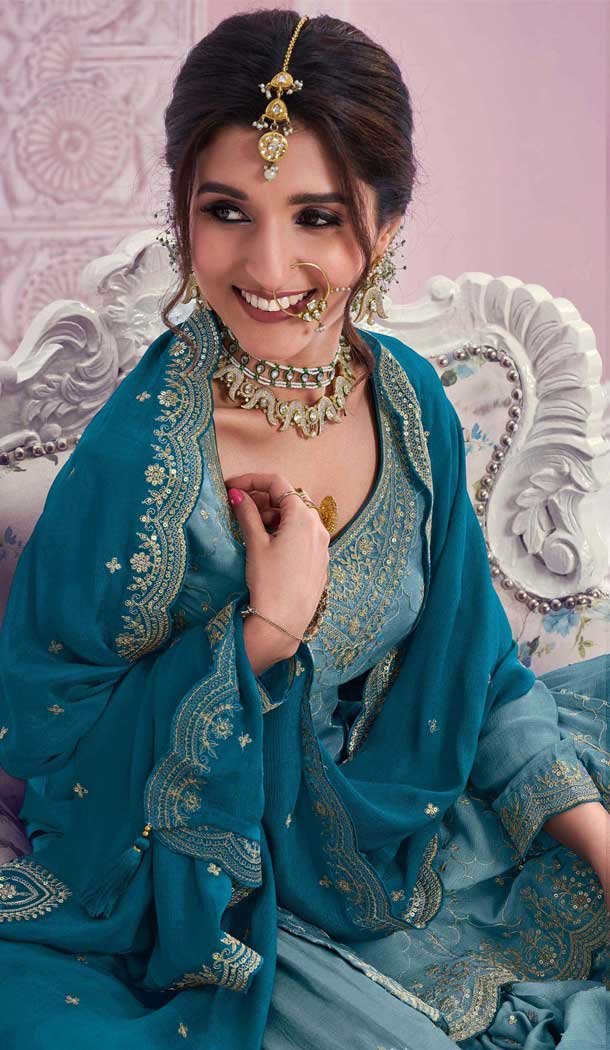Aqua Blue Chinon Embroidery Work Party Wear Sharara Suit - 11472201233