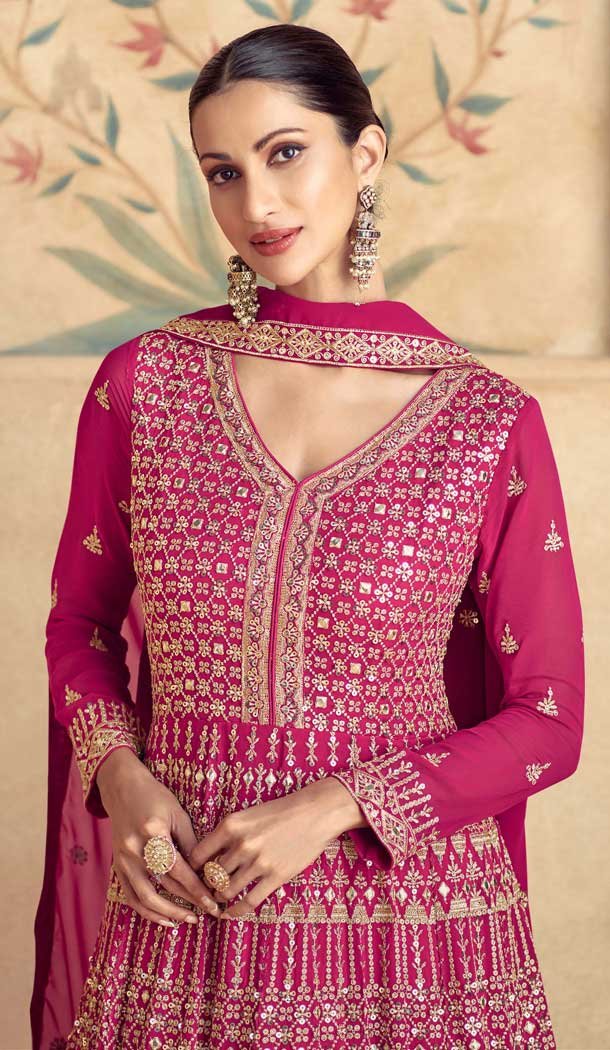 Georgette Zari Work Designer Wear Anarkali Suit In Rani Pink - 11486201274