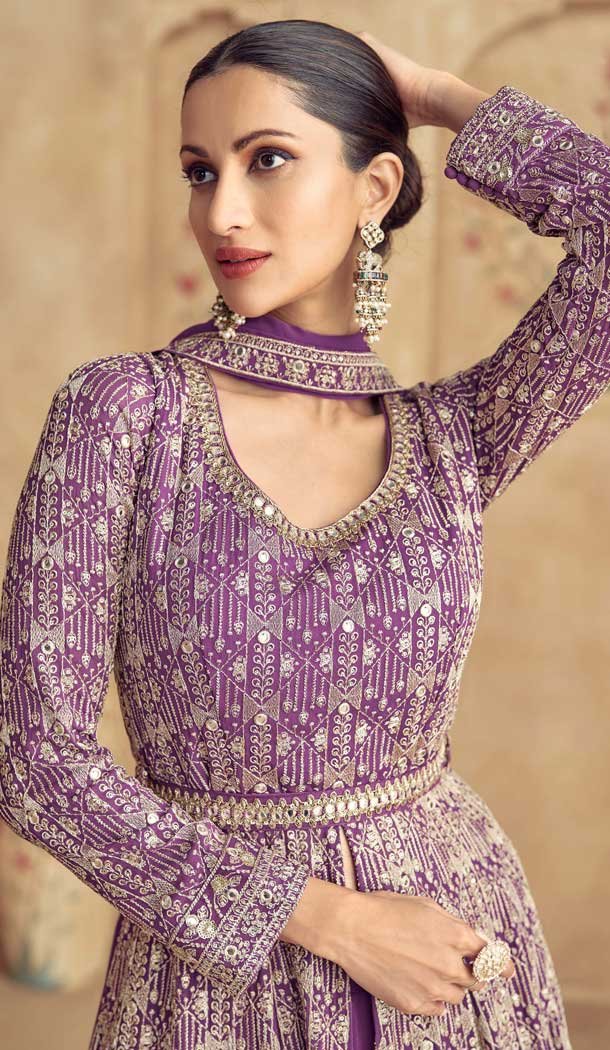 Georgette Zari Work Designer Wear Anarkali Suit In Lavender - 11486201276
