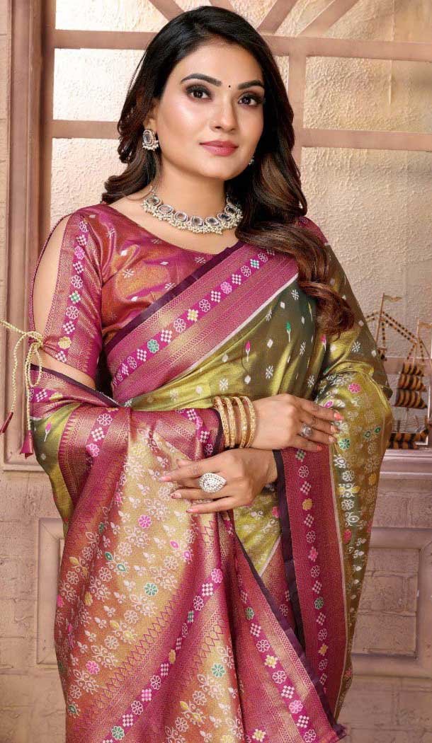 Mehendi Green Banarasi Tissue Silk Jacquard Work Traditional Wear Saree - 11265199984