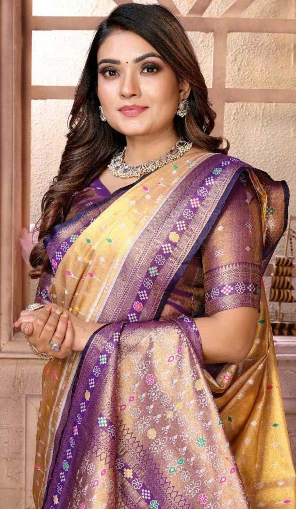 Cream Banarasi Tissue Silk Jacquard Work Traditional Wear Saree - 11265199986