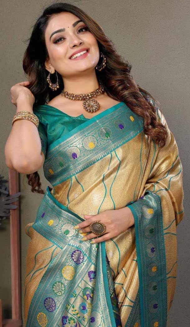 Cream Banarasi Tissue Silk Jacquard Work Ethnic Wear Saree - 11268200003