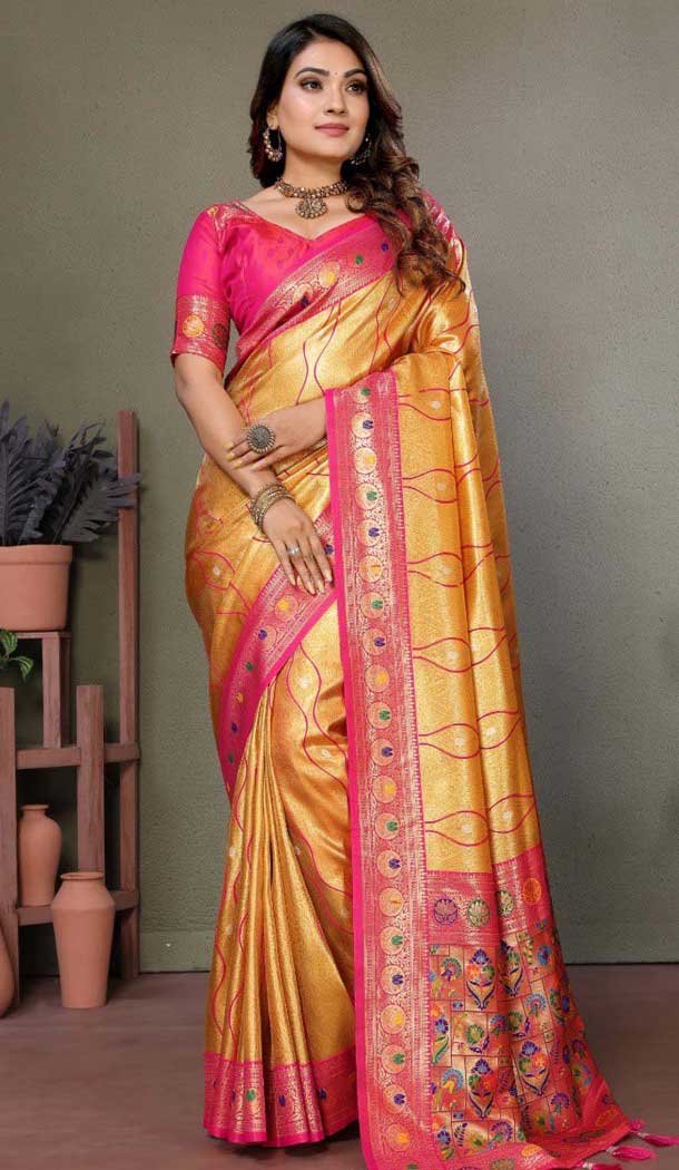 Mustard Banarasi Tissue Silk Jacquard Work Ethnic Wear Saree - 11268200005