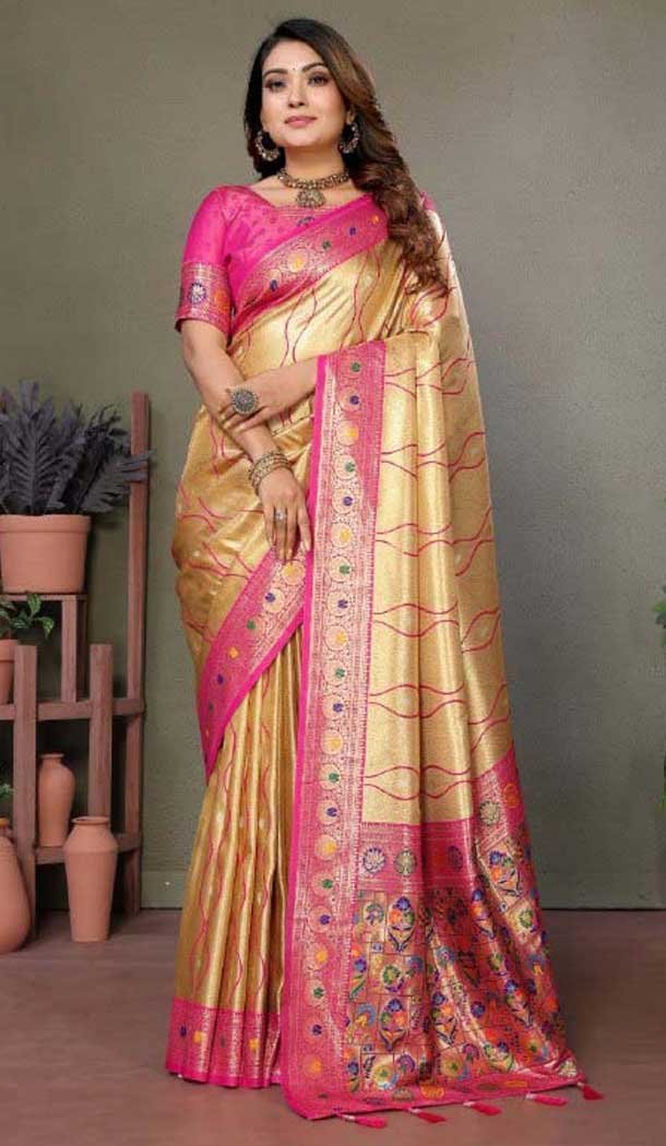 Dark Beige Banarasi Tissue Silk Jacquard Work Ethnic Wear Saree - 11268200007