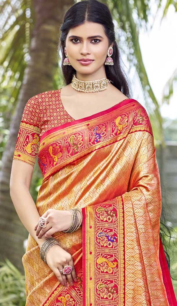 Art Silk Weaving Zari Work Party Wear Saree In Orange - 11392200612