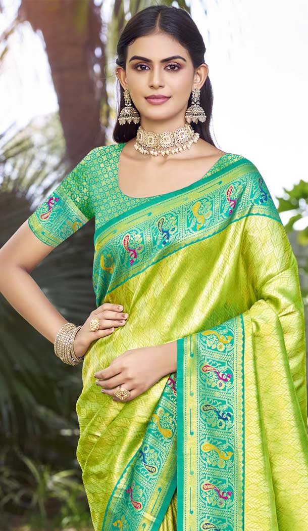 Art Silk Weaving Zari Work Party Wear Saree In Parrot Green - 11392200613