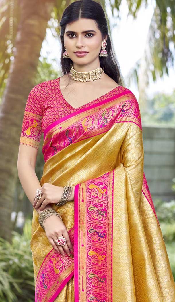 Art Silk Weaving Zari Work Party Wear Saree In Golden - 11392200614