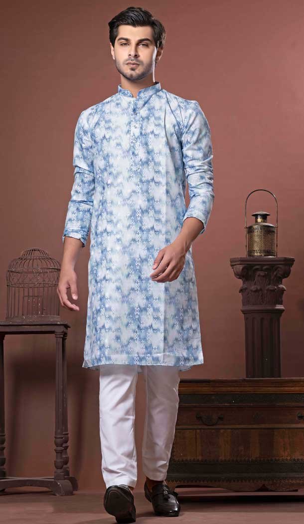 Tie Die Blue Cotton Digital Print Work Party Wear Men Kurta Pajama - 11468201064