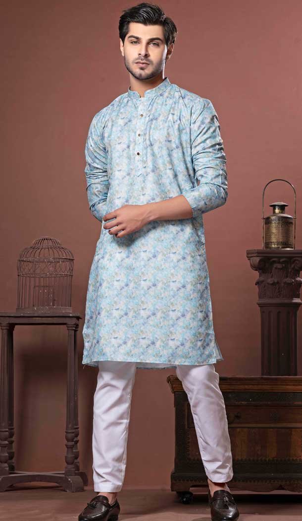 Sea Green Soft Cotton Digital Print Work Party Wear Men Kurta Pajama - 11468201068