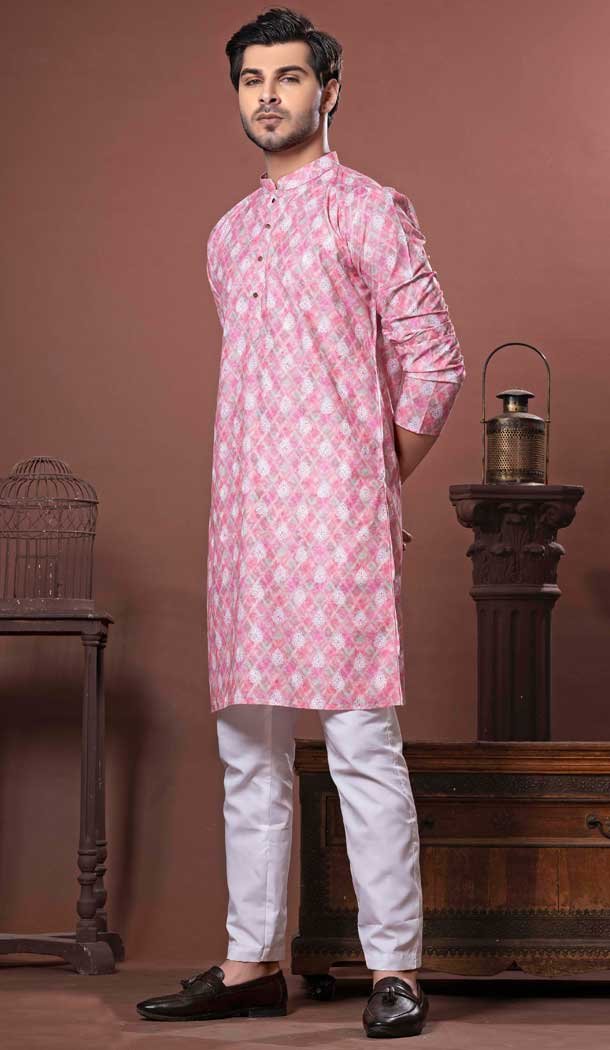 Pink Soft Cotton Digital Print Work Party Wear Men Kurta Pajama - 11468201072