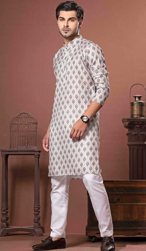 Cream Mehendi Cotton Digital Print Work Party Wear Men Kurta Pajama - 11468201083