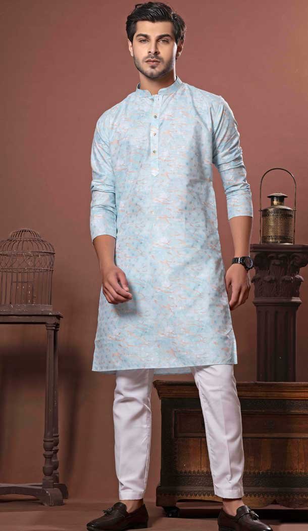 Sky Blue Soft Cotton Digital Print Work Party Wear Men Kurta Pajama - 11468201089