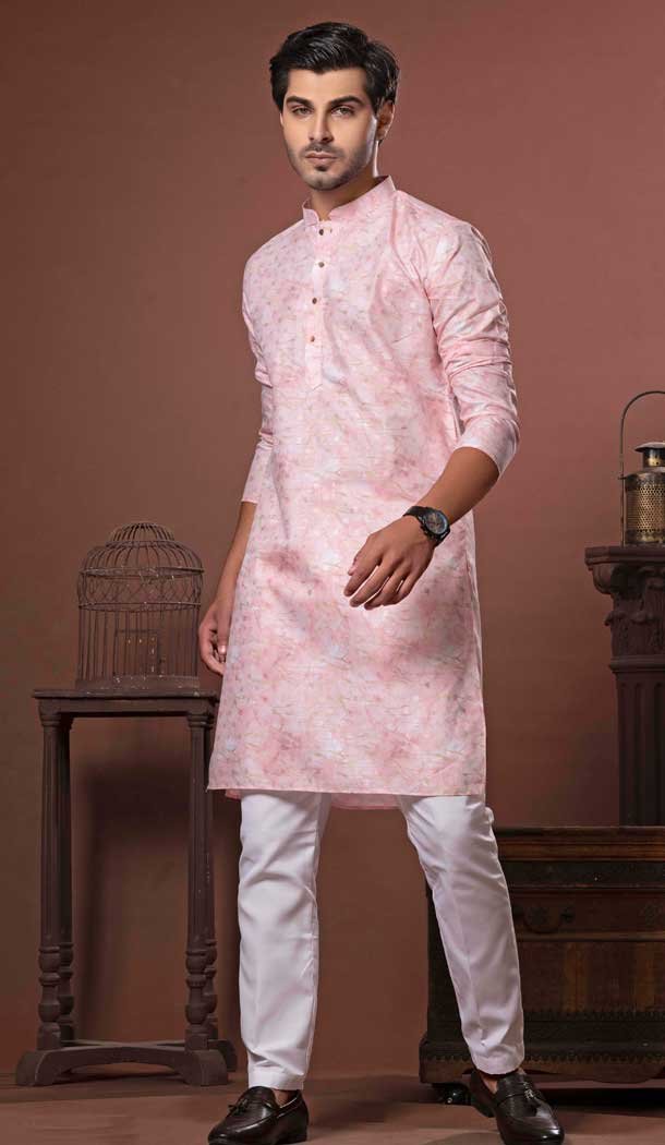 Pink Cotton Digital Print Work Party Wear Men Kurta Pajama - 11468201090