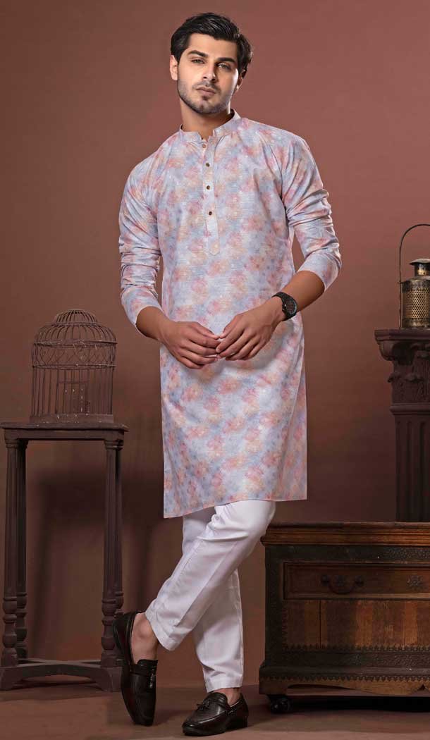 Sky Pink Soft Cotton Digital Print Work Function Wear Men's Kurta Pajama - 11468201094