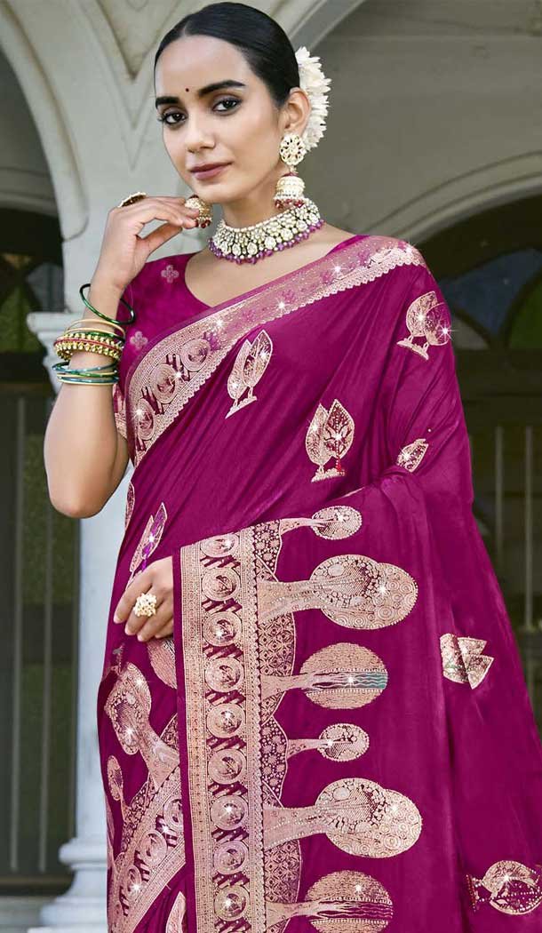 Wine Art Silk Resham Work Festival Wear Saree - 11395200633
