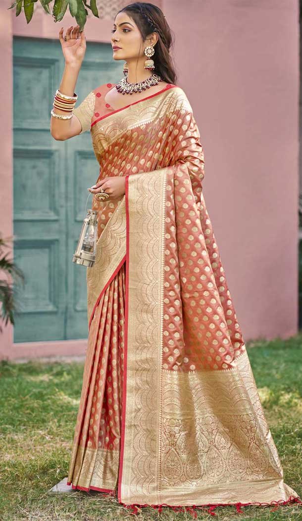 Dark Peach Art Silk Printed Work Traditional Wear Saree - 11411200684