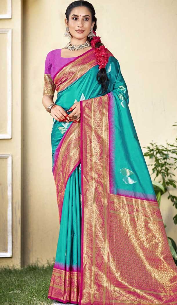 Art Silk Weaving Work Traditional Wear Saree In Firozi Blue - 11425200778