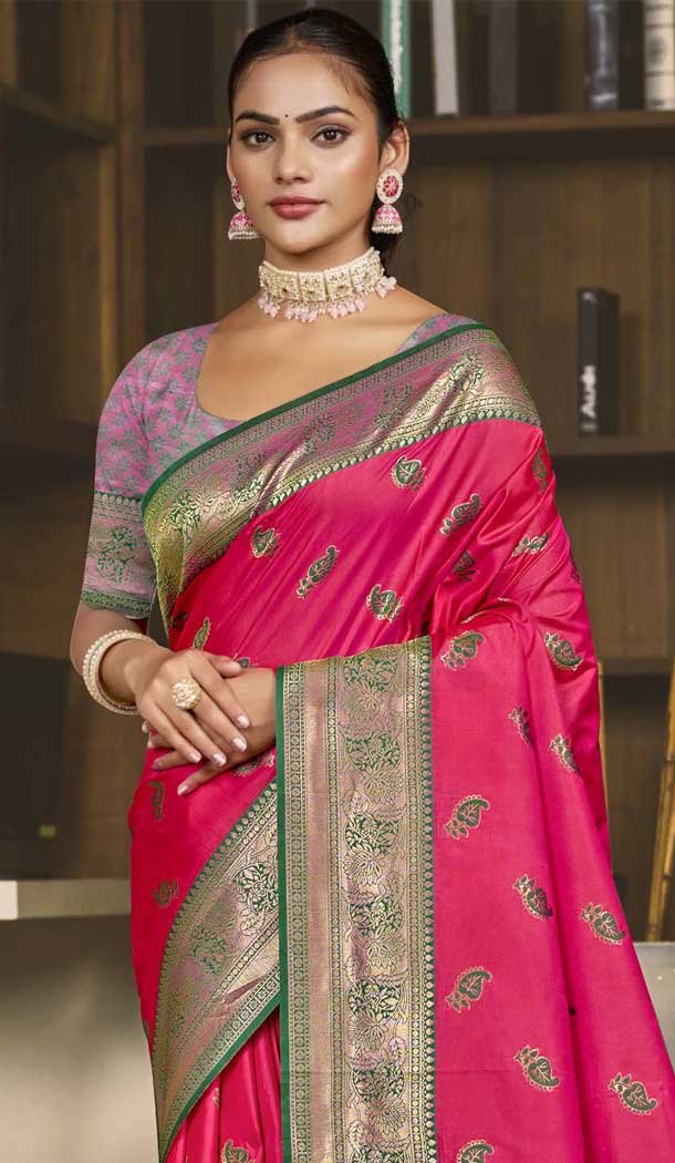 Rani Pink Art Silk Zari Work Traditional Wear Saree - 11426200782