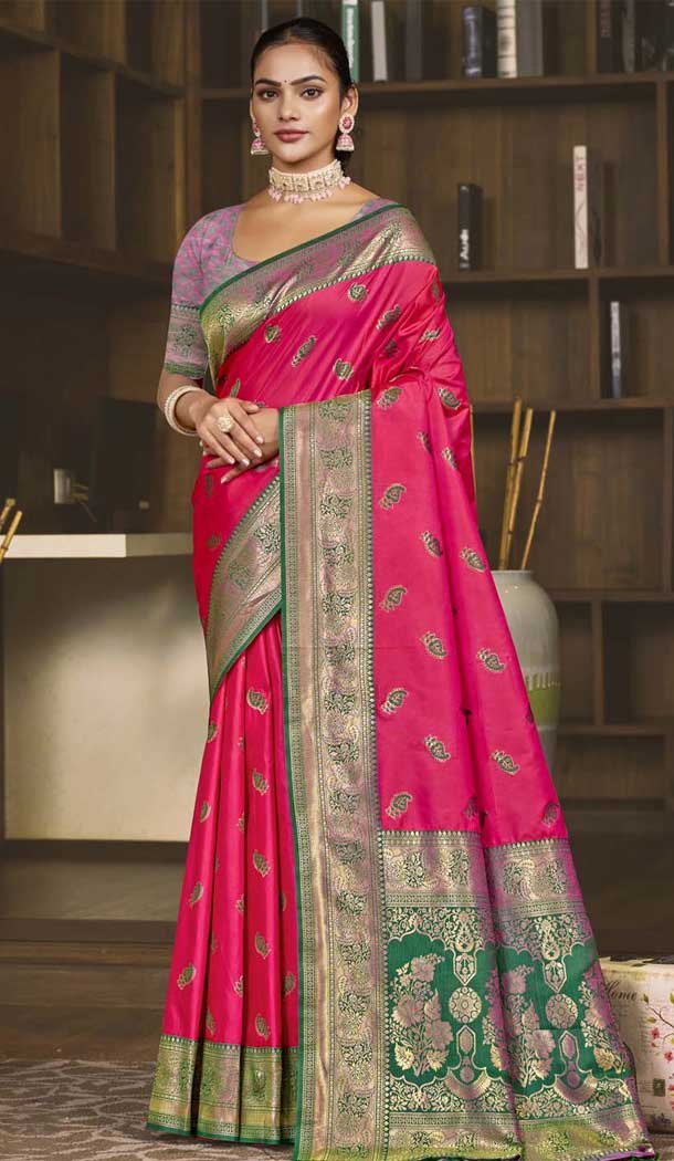 Rani Pink Art Silk Zari Work Traditional Wear Saree - 11426200782