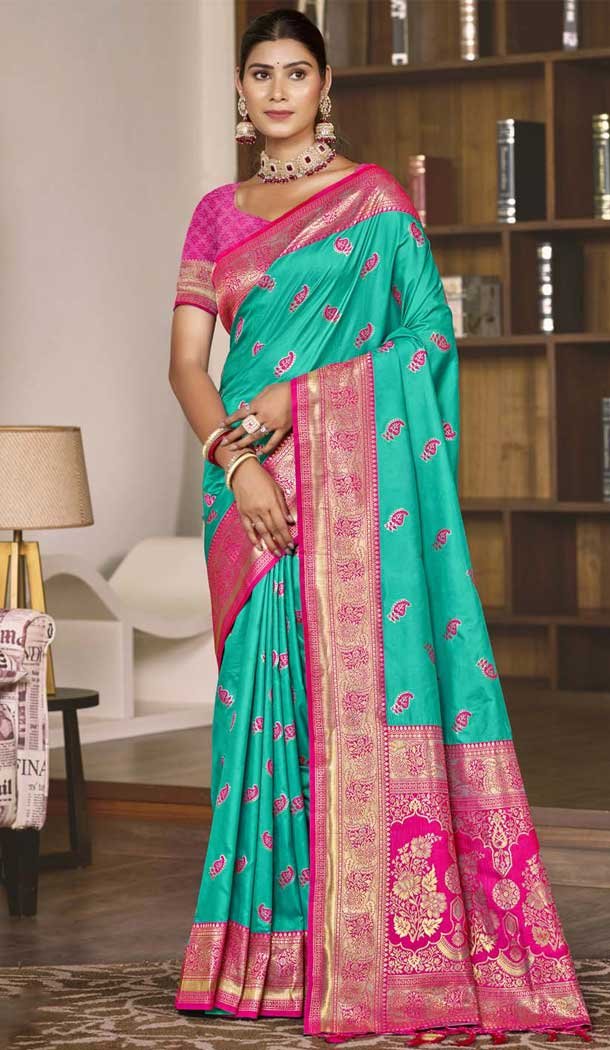 Rama Blue Art Silk Zari Work Traditional Wear Saree - 11426200783