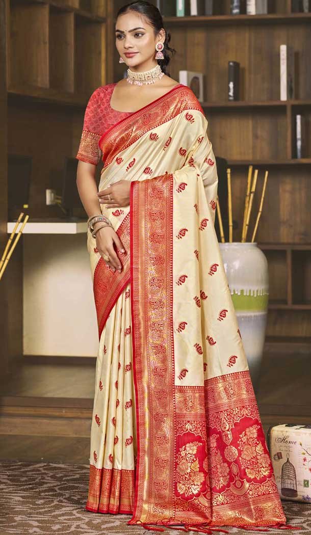 Off White Art Silk Zari Work Traditional Wear Saree - 11426200785
