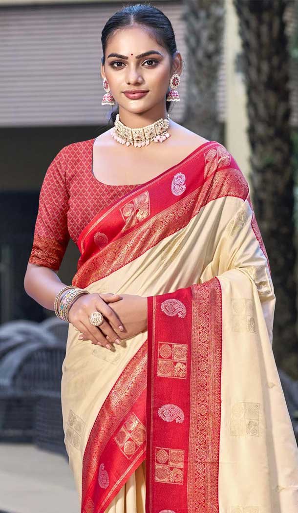 Art Silk Weaving Work Traditional Party Wear Saree In Cream - 11427200787