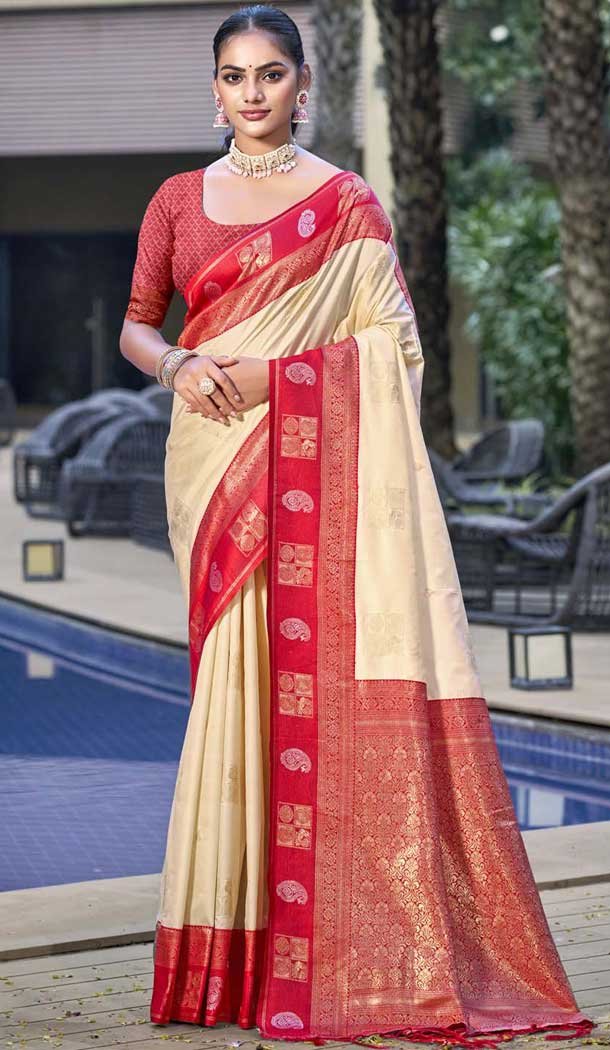 Art Silk Weaving Work Traditional Party Wear Saree In Cream - 11427200787