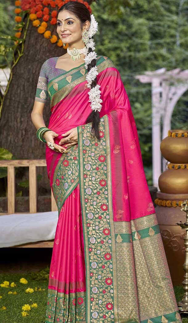 Rani Pink Art Silk Woven Work Party Wear Saree - 11428200792