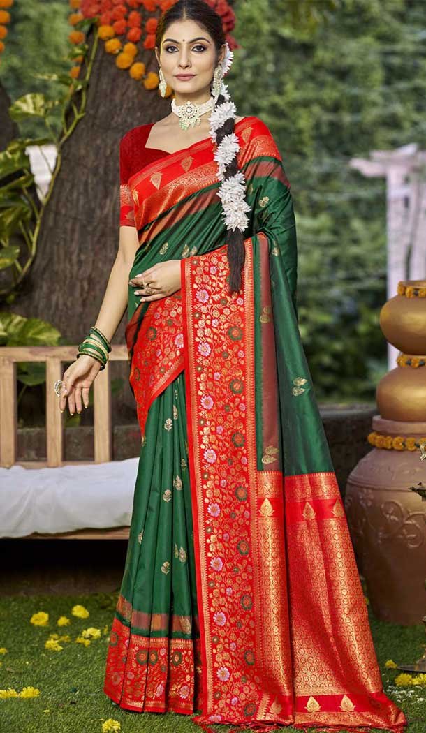 Dark Green Art Silk Woven Work Party Wear Saree - 11428200793